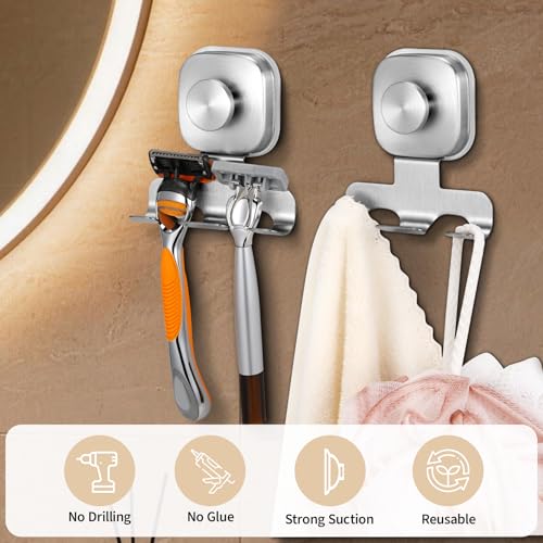 Razor Holder for Shower, 15 LB Suction Cup for Glass Door & Tile, Rustproof Stainless Steel Shaver & Loofah Hanger, No Drill Bathroom Hook for Renters & Dorm, Space Saving (2, Brushed Nickel)