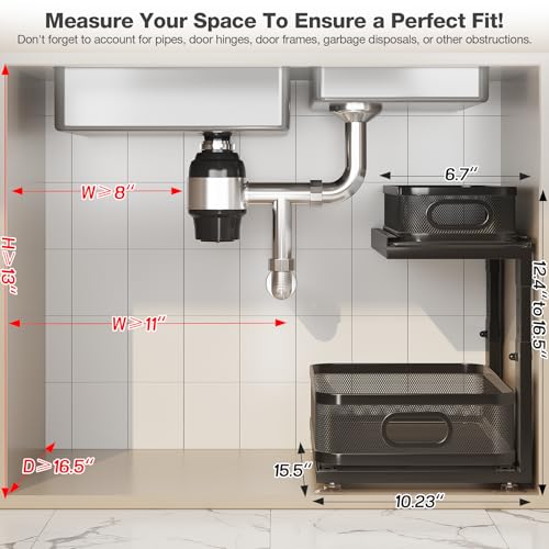 2 Pack Under Sink Organizer With Next-Gen Ball-Bearing Slides,2-Tier Precision Mesh Pull Out Cabinet Shelf Storage for Bathroom&Kitchen,Slide Out Drawers Height Adjustable,Rust-resistant