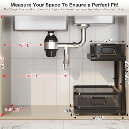 2 Pack Under Sink Organizer With Next-Gen Ball-Bearing Slides,2-Tier Precision Mesh Pull Out Cabinet Shelf Storage for Bathroom&Kitchen,Slide Out Drawers Height Adjustable,Rust-resistant