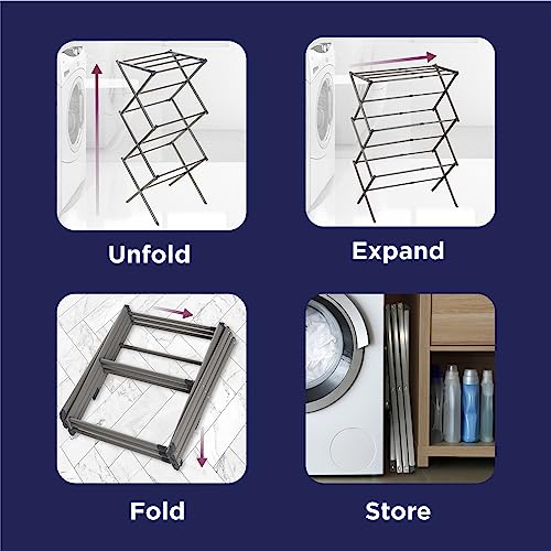 BLACK+DECKER 3 Tier Expandable Collapsing Foldable Laundry Rack for Air Drying Clothing, Space Saving Heavy Duty Lightweight Metal Drying Rack(Silver)