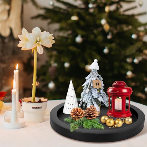 Black Wooden Decorative Trays for Kitchen Counter Living Room Centerpiece | Round Ottoman Coffee Table Tray Rustic Farmhouse Dinner Table Decor Accessories Wood Candle Plate Holder Bathroom Vanity Tray
