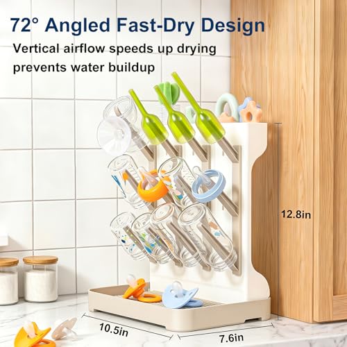 GoMaihe Baby Bottle Drying Rack: Space Saving Vertical Bottle Dryer Holder - Baby Accessories Storage Stand Organize Brushes Pacifiers on Countertop - BPA-Free - Beige