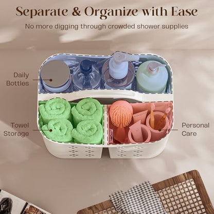 Portable Shower Caddy with Handle, Large Capacity Shower Basket Organizer, Quick-Drain Bathroom Storage Tote, Durable Plastic Shower Organizer for College Dorm, Beach, Gym, Travel Essentials, White