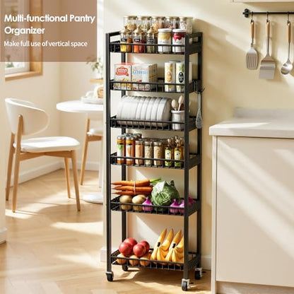 6 Tier Slim Storage Cart, Narrow Rolling Cart with Wheels, 10in(W) | Narrow Mobile Utility Shelf Unit Organizer for Kitchen, Bathroom, Laundry Room, Living Room, Small Places, Black