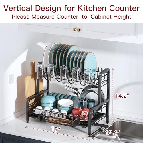 2 Tier Black Stainless Steel Dish Drying Rack for Kitchen Counter | Large Capacity Dish Drainer with Drainboard, Cup & Utensil Holder, Space Saving Rustproof Metal Plate Rack, Fast Drain