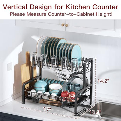 2 Tier Black Stainless Steel Dish Drying Rack for Kitchen Counter | Large Capacity Dish Drainer with Drainboard, Cup & Utensil Holder, Space Saving Rustproof Metal Plate Rack, Fast Drain