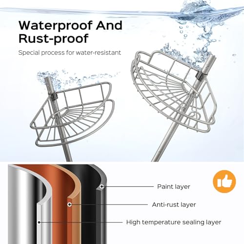 HAMITOR Corner Shower Caddy Tension Pole: 4-Tier Rust-Resistant Adjustable Bathroom Organizer Shelves - 47.72-123.6 Inch No-Drill Quick Install - Space-Saving Storage for Renters Family - Silver Gray