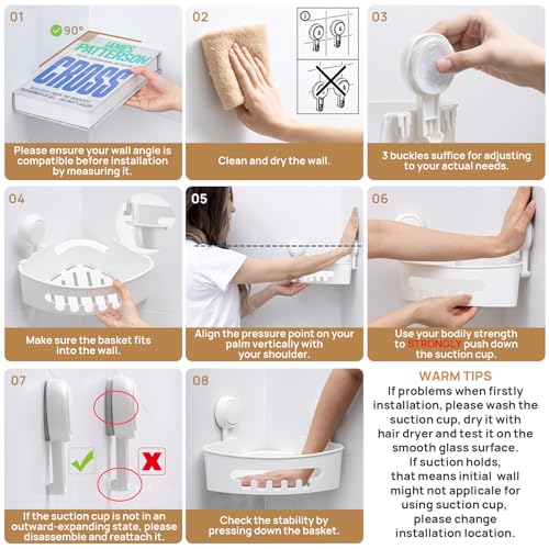 Corner Shower Caddy Suction Cup, shower shelves suction cup, White | 2 Pack Basket Bathroom, Waterproof & Oil-proof Organizer,No-Drilling Removable