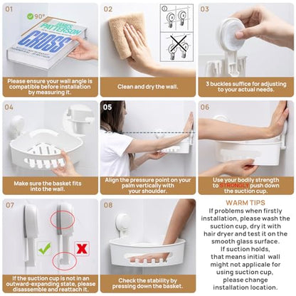 Corner Shower Caddy Suction Cup, shower shelves suction cup, White | 2 Pack Basket Bathroom, Waterproof & Oil-proof Organizer,No-Drilling Removable