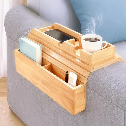 Bamboo Couch Arm Tray Sofa Armrest Tray Cup Holder,2-in-1 Couch Armrest Tray with Slide Detachable Tray,Couch Caddy,Slip Foldable Sofa Table,Phone Stand,Book Holder (Bamboo)