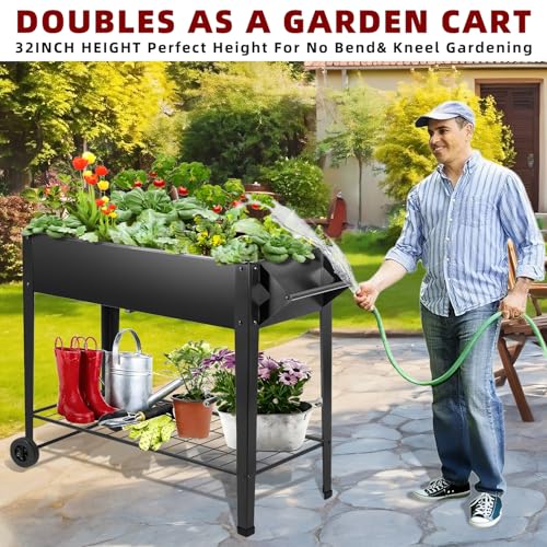 DNKMOR 32" Tall Raised Garden Bed Outdoor with Wheels & Storage Shelf or Mobility,Mobile Anti-Rust Steel Planters for Outdoor Plants,Planter Box for Vegetables/Flower/Herbs,Patio-Balcony-Backyard