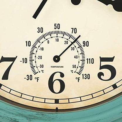 12 Inch Indoor/Outdoor Retro Waterproof Wall Clock with Thermometer,Vintage Battery Operated Silent Non Ticking Quartz Clock Wall Decorative for Kitchen/Bedroom/Living Room/Bathroom/Patio-Olive green