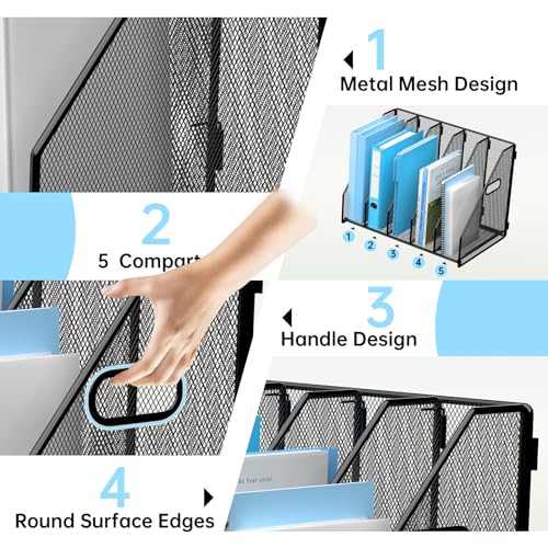 MINDEPOT Desk File Organizer Folder Holder with 5 Vertical for Office Black | Sturdy Metal Mesh, Magazine Folder Holder, Rack File Organizer for Home School, 5 Vertical Compartments