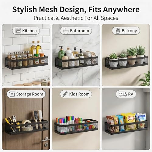 PUSDON 16.5-Inch Extra Long Slim Mesh Shower Caddy, Wall Mounted Bathroom Organizer with Adhesive, Heavy Duty Rustproof Shelf for Narrow Kitchen Pantry & RV, Holds 50 LBS 2-Pack - Matte Black Netting