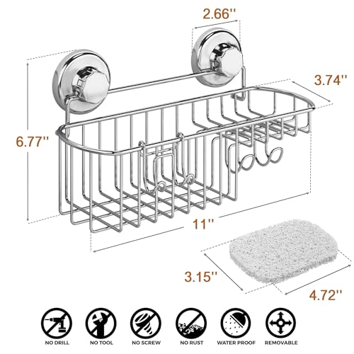 HASKO Suction Cup Shower Caddy Basket for Shampoo, Shower Suction Shelf Organizer, Basket with Soap Holder and Hooks, Stainless Steel Shampoo Holder for Bathroom Storage, Chrome
