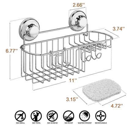 HASKO Suction Cup Shower Caddy Basket for Shampoo, Shower Suction Shelf Organizer, Basket with Soap Holder and Hooks, Stainless Steel Shampoo Holder for Bathroom Storage, Chrome