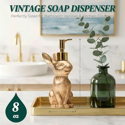 Gold Bunny Soap Dispenser – Vintage Rabbit Hand & Dish Soap Dispenser for Kitchen Sink & Bathroom Vanity – Rust Proof Pump Lotion Bottle – Resin Animal Statues Home Decor & Easter Decorations, 8oz