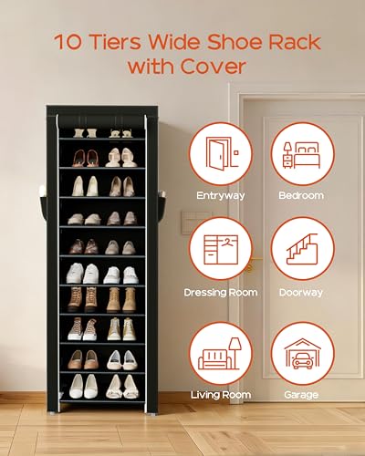 CASAMAYA Shoe Rack with Covers, 10 Tiers Tall Shoe Rack Organizer, Large Capacity Shoe Shelf Storage, Hold 20 Pairs of Shoes, Vertical Shoe Storage Organizer for Closet, Entryway, Black, SRT102B01