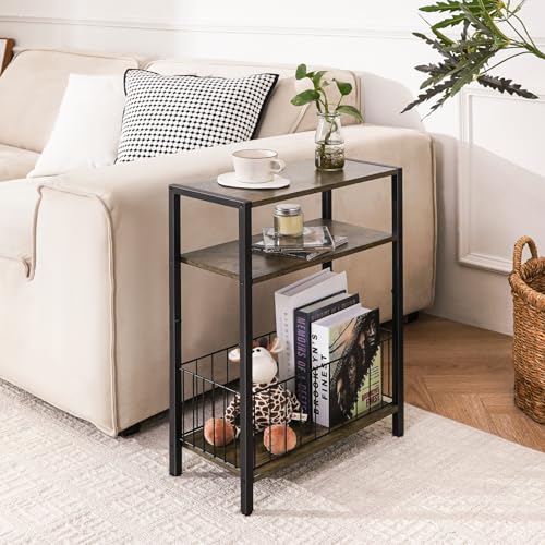 Yoobure Narrow Side Table with Storage Basket, Small End Table for Small Spaces Skinny Side Tables Living Room Bedroom, Slim Nightstand 3 Tier Bedside Table Space-Saving for Magazine, Rustic Brown
