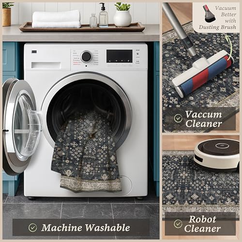 Black Boho Kitchen Rugs Set of 3, Non-Slip Machine Washable Kitchen Floor Mats, Low-Pile Runner Rug for Sink, Entryway, Bathroom, Laundry Room, Bedroom, Vintage Farmhouse Design