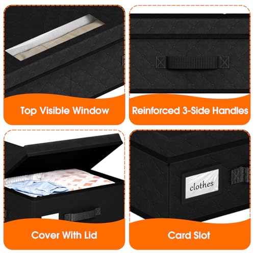 Under Bed Storage Containers with Lids, 2 Pack Foldable Black | Storage organizer, Stackable Clothes Storage Bags, For Blankets Pillows Clothing, Clear Window, 3-Sided Handles, Label Slot