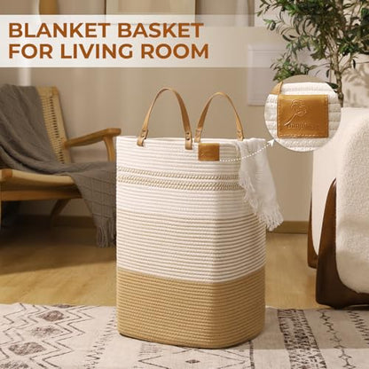 Large Laundry Hamper – 75L Tall Woven Cotton Storage Basket with Leather Handles, Slim Dirty Clothes Hamper, Decorative Storage Basket for Blanket,Toys White & Jute