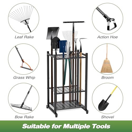 Tool Organizer for Garden, Garage Tool Organizer & Garage Organization – Heavy Duty Steel Garden Tool Organizer Stand Holds 35 Tools/Rakes/Brooms, Tool Storage Rack for Shed/Outdoor, Garage Organizer