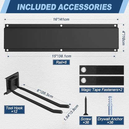 Housolution Garage Wall Organizer 96 Inch - 20Pack Carries 720 lbs | Garage Tool Storage System, 6 Rails with 12 Adjustable Metal Hooks, Garden Yard Shed Rack for Rake Broom Mop Snowboard