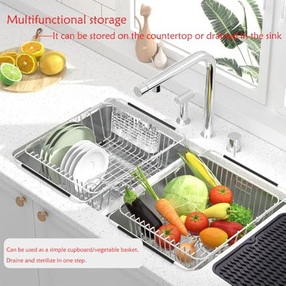 NiuYichee Stainless Steel Dish Drying Rack(15"L X 11"W X 4.1"H), Expandable Fruit & Vegetable Drain Rack over Sink, Dish Drainer Rack in Sink, with Stainless Steel Utensil Holder & Silicone Mat(16")