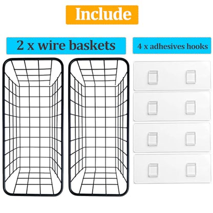 2 Set Adhesive Hanging Wall Basket Inside Cabinet Door Organizer,Wall Storage Basket-No Drilling Adhesive wall Basket for Cupboard Door,Space-Saving Small Hanging Baskets for Wall Mount Storage,Black