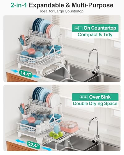 2 Tier Dish Drying Rack - Expandable Over Sink & C... (White | Metal)