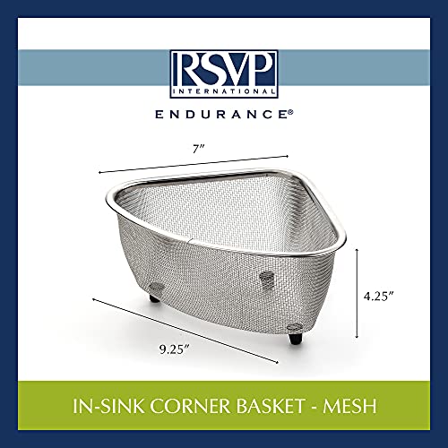 RSVP International Endurance® In-Sink Mesh Colander Strainer Basket, 3 Quart | Organize Sponges, Collect Food Scraps | Dishwasher Safe | Small Corner Basket | Steaming, Draining & Rinsing