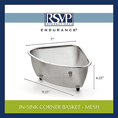 RSVP International Endurance® In-Sink Mesh Colander Strainer Basket, 3 Quart | Organize Sponges, Collect Food Scraps | Dishwasher Safe | Small Corner Basket | Steaming, Draining & Rinsing
