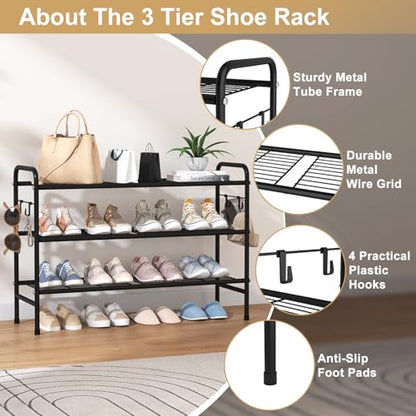 VILICK 3 Tier Shoe Rack 33" Wide Metal Shoe Organizer, Black | Long Shoe Storage, 4 Side Hooks, Sturdy Shoes Shelf, For Front Door Entrance, Closet, Garage, Dorm