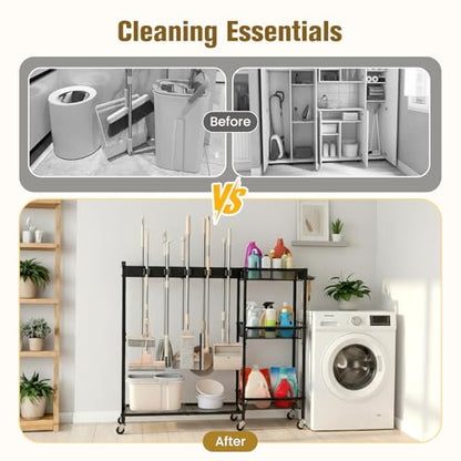 Broom Holder with Cleaning Supplies Organizer, Cleaning Utility Cart on Wheels, 10 Clips & 7 Hooks, 3-Tier Shelves, Broom Closet Storage Cabinet with Cleaning Caddy for Home Commercial Use