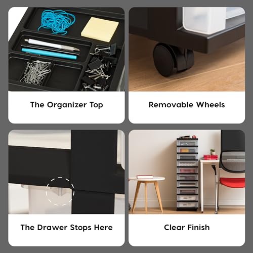 IRIS USA 10-Drawer Rolling Storage Cart, Black/Clear | Keep craft supplies, office essentials, classroom items, and accessories organized with easy-access drawers for daily use