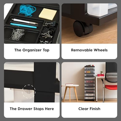 IRIS USA 10-Drawer Rolling Storage Cart, Black/Clear | Keep craft supplies, office essentials, classroom items, and accessories organized with easy-access drawers for daily use