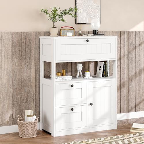 Bathroom Cabinet, Modern Bathroom Floor Storage Cabinet Organizer with 1 Door and 3 Drawers, Freestanding Cupboard for Kitchen/Living Room Use