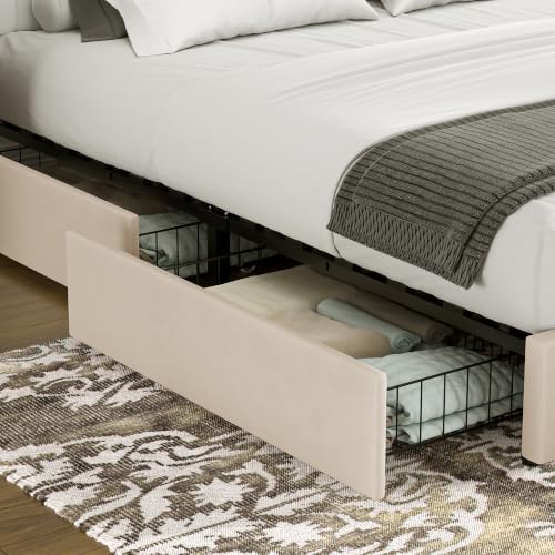 VECELO Queen Size Upholstered Bed Frame with 4 Drawers and Headboard, Velvet Platform Storage Bedframe, Wooden Slats Support, No Box Spring Needed, Beige