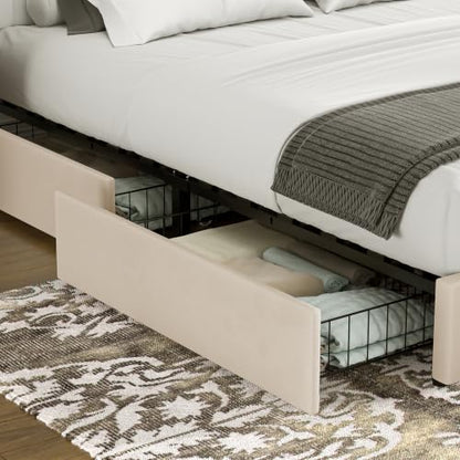 VECELO Queen Size Upholstered Bed Frame with 4 Drawers and Headboard, Velvet Platform Storage Bedframe, Wooden Slats Support, No Box Spring Needed, Beige