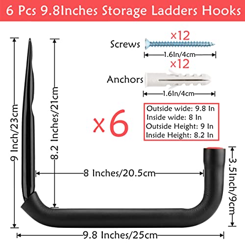 Garage Storage Ladders Hooks, 6 Pack Heavy Duty Utility Hanger, 9.8IN Wall Mount Rack Safely Holds 50 Pounds