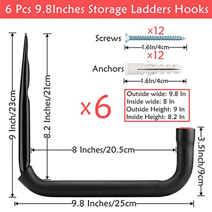 Garage Storage Ladders Hooks, 6 Pack Heavy Duty Utility Hanger, 9.8IN Wall Mount Rack Safely Holds 50 Pounds