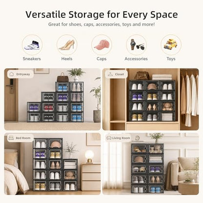Kuject X-Large Shoe Storage Boxes 12 Pack, Clear Stackable Shoe Organizer | Shoe Case for Closet, Entryway & Under-Bed Storage, Drop-Front Design, Space-Saving Solution for Family Organization,Black