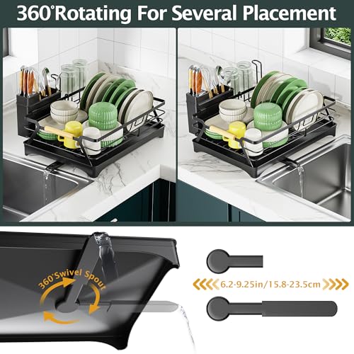 Epicano Dish Drying Rack for Kitchen Counter,Black,Large Capacity | Raised Feet,Rustproof,Wooden Handle,Auto-Drainage System,Cup Holder & Knife Slots, Sink Storage Organizer