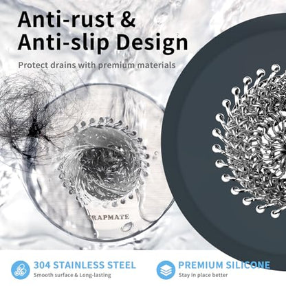 TRAPMATE 2PCS Bathtub Drain Strainer, 2.8" Patented Reversible Shower Tub Drain Hair Catcher, 304 Stainless Steel Drain Cover Protector fits Bathtub & Wash Basin, for Drains Under 2.5 Inches