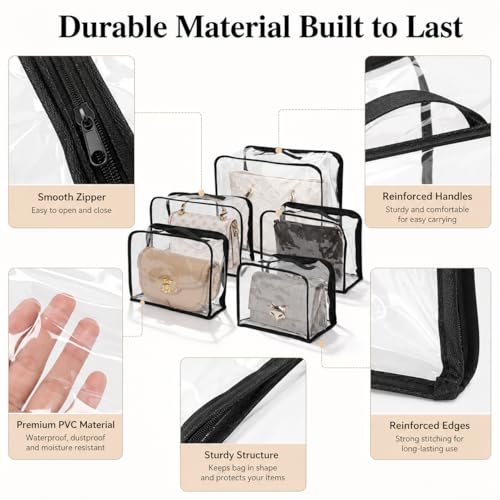 5 Pack Clear Dust Bags for Handbags,5 Sizes Purse Storage Organizer | Purse Protector Storage Bag with Zipper and Handle for closet, Hanging Dust Cover Bag for Handbag