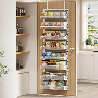 Over the Door Pantry Organizer 8-Tier, Large Metal Door Spice Rack with Adjustable Basket, 2 in 1 Wall Mount or Hanging Heavy-Duty Pantry Door Storage Shelf for Kitchen and Bathroom, White