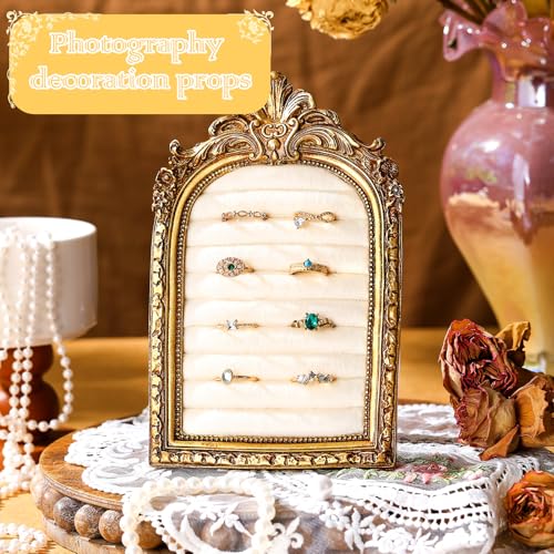 Liliaafar Vintage Ring Holder Arch Gold Ring Wedding Display Suede Jewelry Box Stand Frame Earring Tray Anniversary Engagement Baroque Organizer Photograph Prop for Women Birthday Christmas Gift