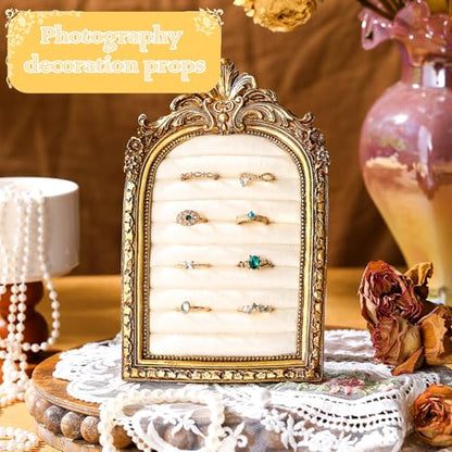 Liliaafar Vintage Ring Holder Arch Gold Ring Wedding Display Suede Jewelry Box Stand Frame Earring Tray Anniversary Engagement Baroque Organizer Photograph Prop for Women Birthday Christmas Gift