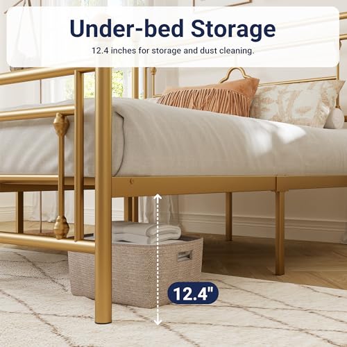 Allewie Queen Size Metal Platform Bed Frame, Victorian Headboard, Gold